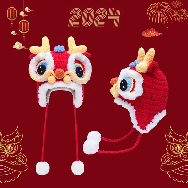 Gorro Tejido Año del Dragón Rojo - Diseño Cabeza de Tigre para Bebé