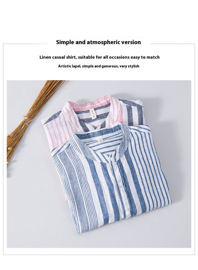 Camisa Casual de Lino Manga Corta a Rayas para Hombre Transpirable - Image 8