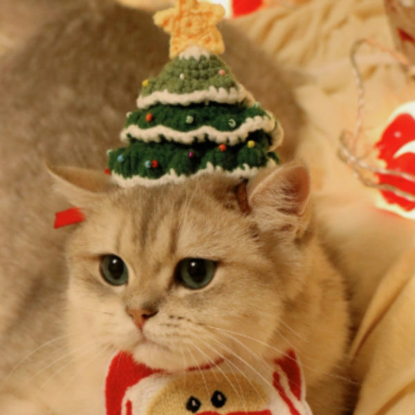 Árbol de Navidad Pequeño con Gorro y Gato Mascota