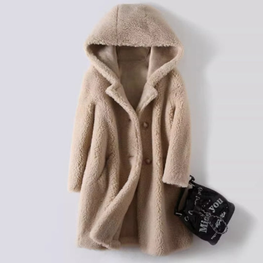 Abrigo Largo con Capucha en Cuero Sintético y Peluche