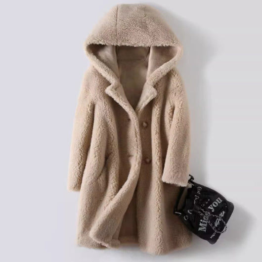 Abrigo Largo con Capucha en Cuero Sintético y Peluche