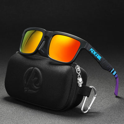 Men's and women's dazzling blue and black striped polarized sunglasses with gray lenses and a black case. - Image 15