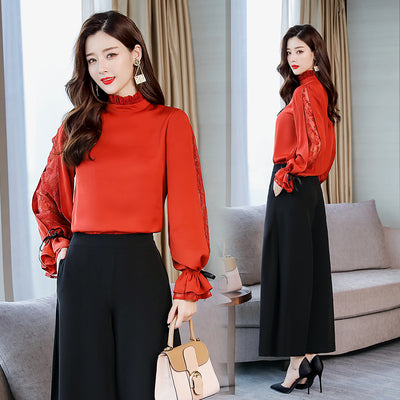 Blusa Elegante de Manga Larga con Cuello de Encaje