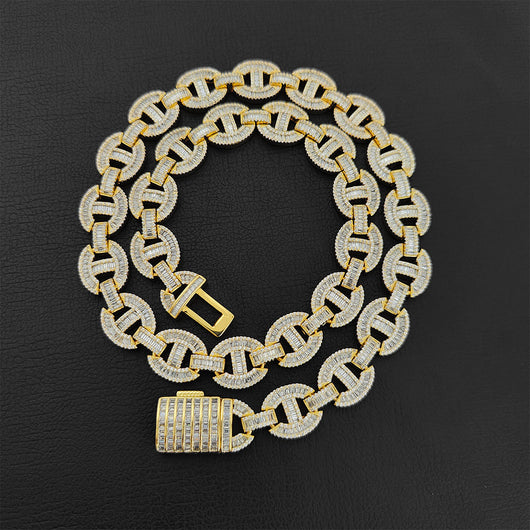 Cadena y Pulsera Hip Hop Nariz de Cerdo Chapado en Oro Real 16mm - Image 14
