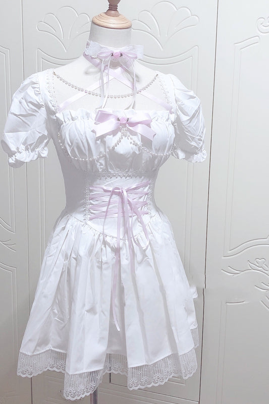 Vestido Retro Cuadrado con Mangas Abullonadas y Cintura Ajustable