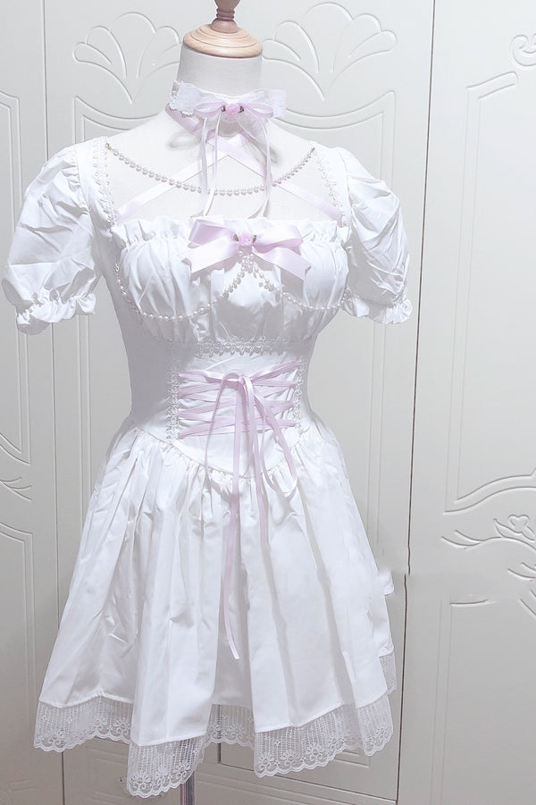 Vestido Retro Cuadrado con Mangas Abullonadas y Cintura Ajustable