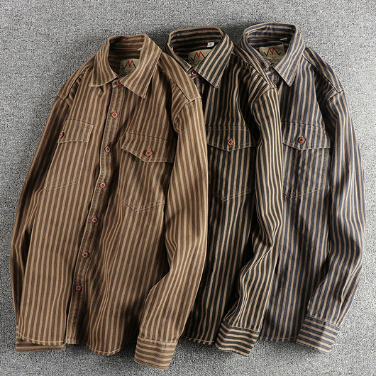 Camisa Manga Larga Hombre Rayas Retro Algodón Tejido Lavado Comfort Casual - Image 3