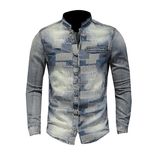 Camisa Denim Punk con Parches de Colores Retro para Hombre - Image 3