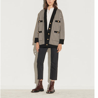 Cardigan Tejido Suelto con Cuello V y Detalles en Contraste para Mujer - Image 8