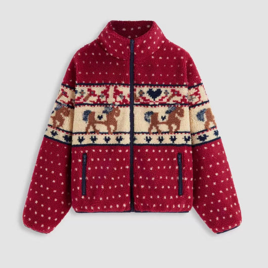 Abrigo de Lana con Cierre y Bolsillos - Diseño Navideño Alce y Copos de Nieve