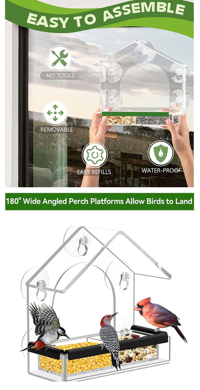 Transparent acrylic window bird feeder with a house-shaped roof and black perch, mounted with suction cups. - Image 7