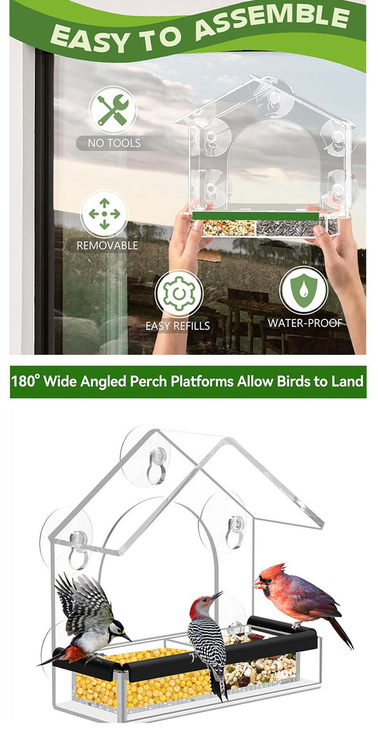 Transparent acrylic window bird feeder with a house-shaped roof and black perch, mounted with suction cups. - Image 7