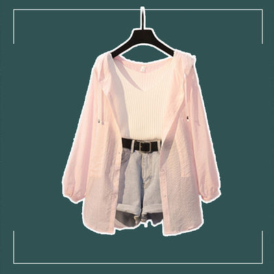 Conjunto Retro de Shorts Denim y Blusa Protectora Anti-UV - Image 3