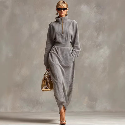 Vestido Casual Gris Claro con Cuello V, Manga Larga y Cierre Frontal - Image 3