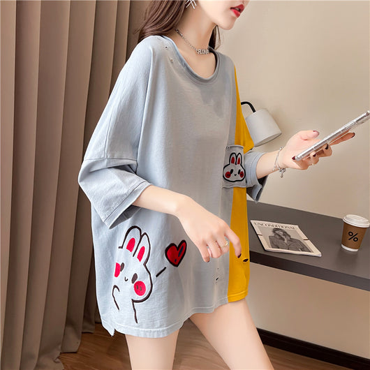 Blusa de Algodón Bordada Holgada con Mangas Cortas