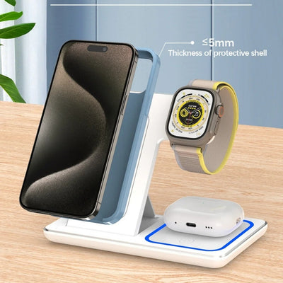 Estación de Carga Inalámbrica 3 en 1 de 15W Plegable para Smartphone