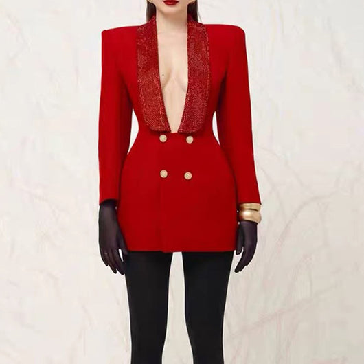 Blazer Elegante Verde Esmeralda con Escote Profundo y Bordado Artesanal
