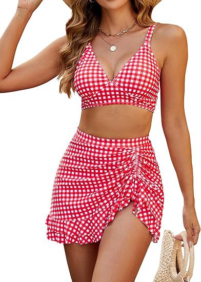 Black and white gingham two-piece swimsuit with a V-neck bikini top and a high-waisted ruched swim skirt. - Image 28