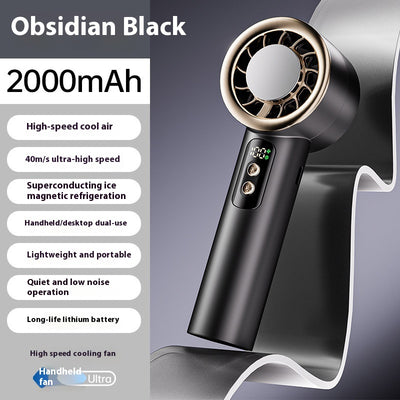 Obsidian black handheld fan with gold accents, digital display, and semiconductor ice cooling for high-speed cool air. - Image 8