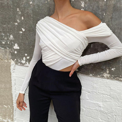 Blusa de Manga Larga con Pliegues Diagonales Estilo Europeo - Image 18