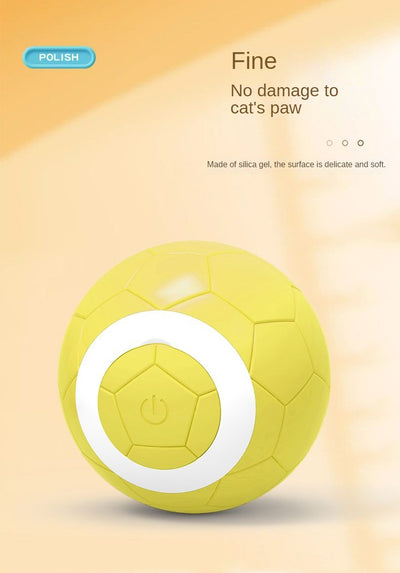 Yellow electric pet toy ball with a soccer ball pattern and a white ring around a central power button. - Image 10