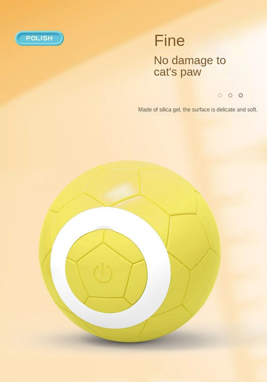 Yellow electric pet toy ball with a soccer ball pattern and a white ring around a central power button. - Image 10