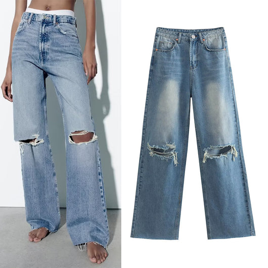 Jeans de Talle Alto y Pierna Ancha con Detalles Perforados para Primavera y Verano