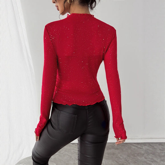 Blusa Brillante con Lentejuelas Ajustada de Manga Larga