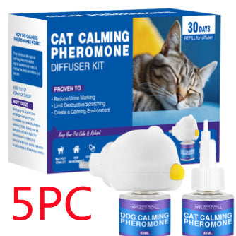 Cat Calming Pheromone Diffuser Kit with a white plug-in diffuser and a green refill bottle, next to its green and white box. - Image 19