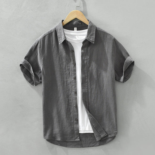 Camisa de Lino y Algodón Transpirable con Solapa de Manga Corta