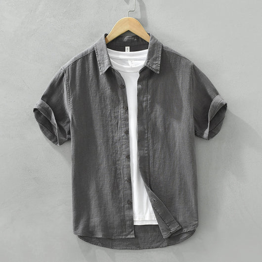 Camisa de Lino y Algodón Transpirable con Solapa de Manga Corta