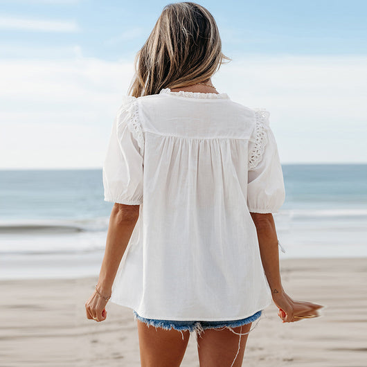 Blusa Chifón con Volantes Manga Corta - Estilo Europeo Casual - Image 4
