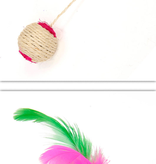 Two sisal shuttlecock cat toys with colorful feathers, one with a red base and the other with a blue base. - Image 3