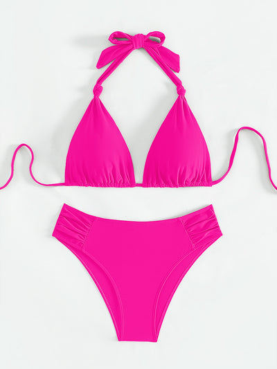 Solid olive green triangle halter bikini swimsuit for women, featuring a high-waisted bottom with ruched sides. - Image 10