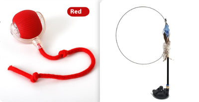 Interactive cat toy set featuring a blue rolling ball with a rope and a feather wand with a suction cup base. - Image 6