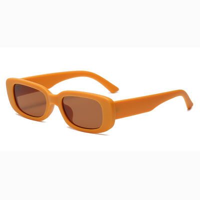Rectangular tortoiseshell sunglasses with a small frame and dark gray lenses, angled on a white background. - Image 18
