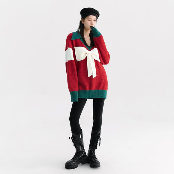 Suéter Navideño Rojo con Lazo - Diseño Moderno y Acogedor para Mujer