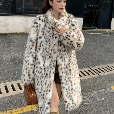 Abrigo de Piel Estampado Leopardo con Cuello de Piel para Mujer