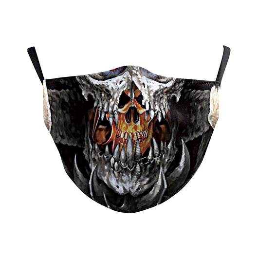 Dark green dust mask with a pattern of white skulls, blue flowers, and pink butterflies, featuring black ear loops. - Image 5