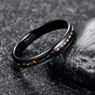 Anillo de Acero Tungsteno Dome Plata Negra con Ópalo Incrustado para Mujer - Image 10