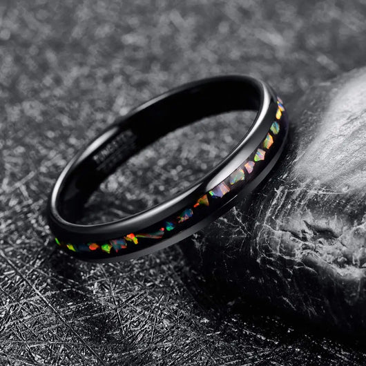 Anillo de Acero Tungsteno Dome Plata Negra con Ópalo Incrustado para Mujer - Image 10