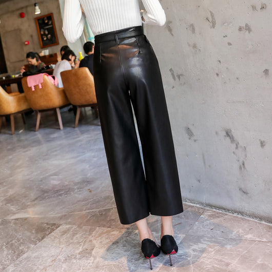 Pantalones de Cuero Sintético para Mujer Cintura Alta con Cinturón Primavera - Image 5