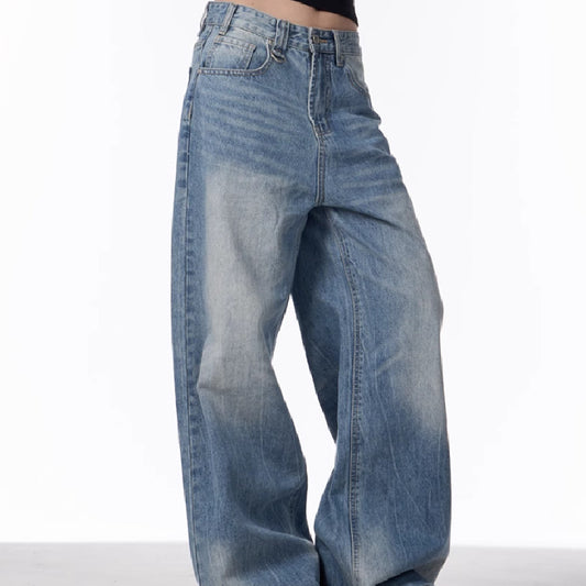 Pantalones Vaqueros Vintage Desteñidos Mujer Corte Recto Cintura Alta