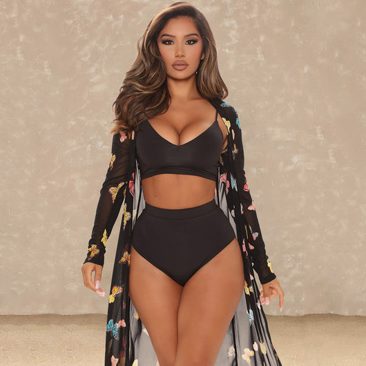 Women's black three-piece swimsuit with a mesh butterfly print shawl, V-neck bikini top, and high-waisted bottoms. - Image 11
