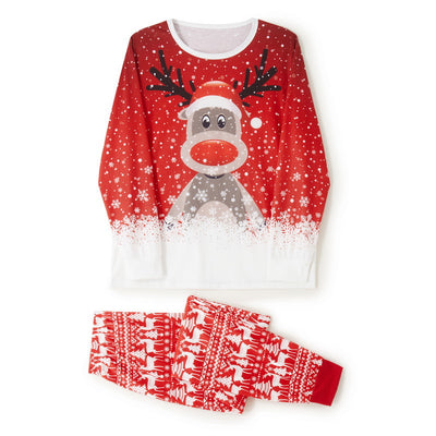 Red and white long-sleeve Christmas pajama set with a cartoon reindeer and snowflake print. - Image 3