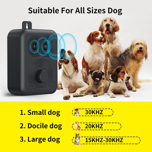 Black rechargeable anti-dog barking device with two speaker grilles, a white indicator light, and a numbered rotary dial. - Image 8