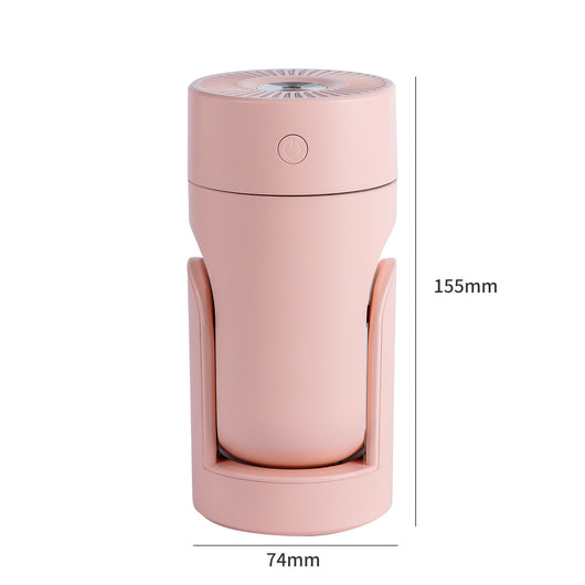 Pink portable USB humidifier with a cylindrical design and a rotating base, measuring 155mm tall. - Image 15