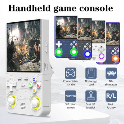 White handheld game console with a 4-inch HD screen, dual joysticks, and various buttons, shown with blue, black, and purple variants. - Image 6