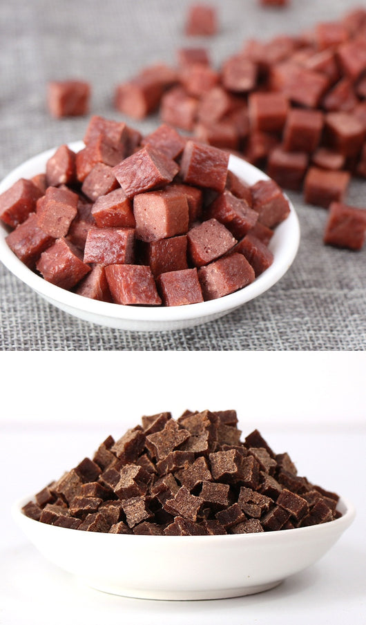 Three varieties of dog treats: dried beef cubes, seaweed beef dices, and chicken cubes, for training and rewards. - Image 10