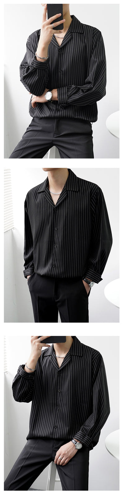 Camisa Cubana de Rayas Manga Larga Suelta con Cuello Abierto - Image 10